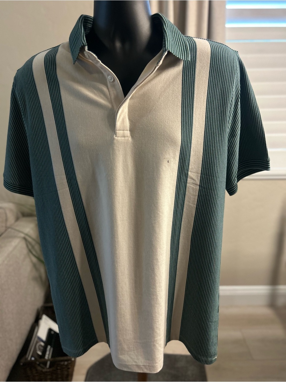 Express Men's Vertical Stripe Polo - Cream & Teal